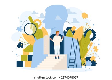 Open mind for future career, communication, business growth and success progress. Cartoon man standing on ladder to open door inside human silhouette flat vector illustration. Mental health concept