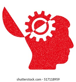 Open Mind Gear grainy textured icon for overlay watermark stamps. Flat symbol with dust texture. Dotted vector red ink rubber seal stamp with grunge design on a white background.
