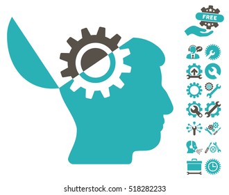 Open Mind Gear icon with bonus setup tools pictures. Vector illustration style is flat iconic grey and cyan symbols on white background.