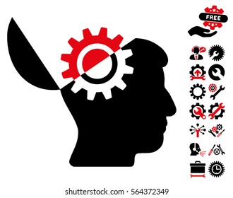 Open Mind Gear icon with bonus service pictures. Vector illustration style is flat iconic intensive red and black symbols on white background.