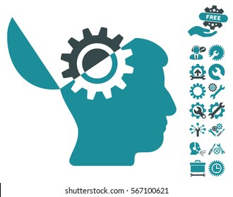 Open Mind Gear icon with bonus service clip art. Vector illustration style is flat iconic soft blue symbols on white background.