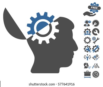 Open Mind Gear icon with bonus tools pictograph collection. Vector illustration style is flat iconic cobalt and gray symbols on white background.