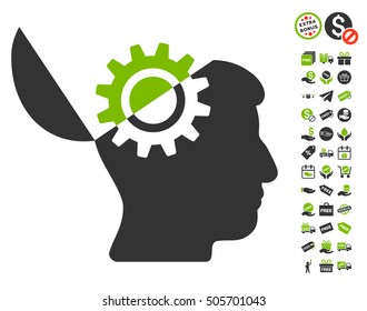 Open Mind Gear icon with free bonus graphic icons. Vector illustration style is flat iconic symbols, eco green and gray colors, white background.