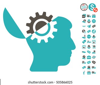 Open Mind Gear icon with free bonus design elements. Vector illustration style is flat iconic symbols, grey and cyan colors, white background.
