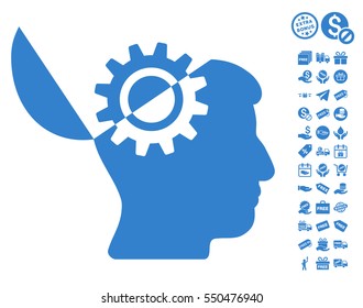 Open Mind Gear icon with free bonus pictures. Vector illustration style is flat iconic symbols, cobalt color, white background.