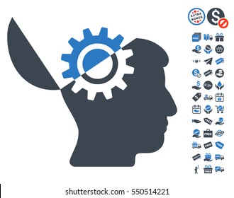 Open Mind Gear icon with free bonus pictures. Vector illustration style is flat iconic symbols, smooth blue colors, white background.