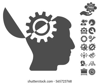 Open Mind Gear pictograph with bonus service images. Vector illustration style is flat iconic gray symbols on white background.