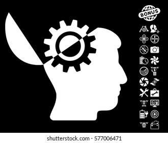 Open Mind Gear pictograph with bonus copter tools symbols. Vector illustration style is flat iconic white symbols on black background.