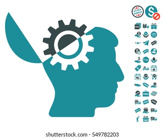 Open Mind Gear pictograph with free bonus symbols. Vector illustration style is flat iconic symbols, soft blue colors, white background.