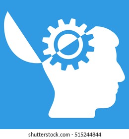 Open Mind Gear vector pictogram. Style is flat graphic symbol, white color, blue background.