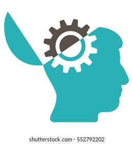 Open Mind Gear vector pictogram. Style is flat graphic bicolor symbol, grey and cyan colors, white background.