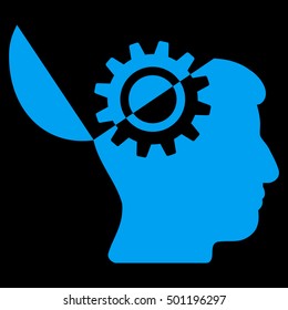 Open Mind Gear vector pictograph. Style is flat graphic symbol, blue color, black background.