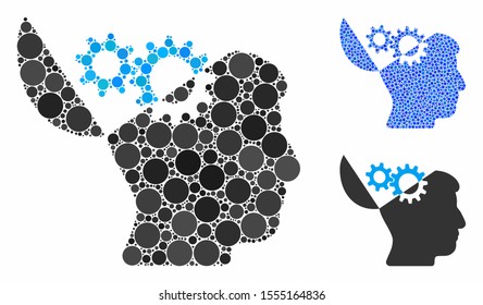 Open mind gears composition of filled circles in various sizes and color tints, based on open mind gears icon. Vector filled circles are united into blue composition.
