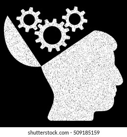 Open Mind Gears grainy textured icon for overlay watermark stamps. Flat symbol with unclean texture. Dotted vector white ink rubber seal stamp with grunge design on a black background.
