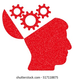 Open Mind Gears grainy textured icon for overlay watermark stamps. Flat symbol with unclean texture. Dotted vector red ink rubber seal stamp with grunge design on a white background.
