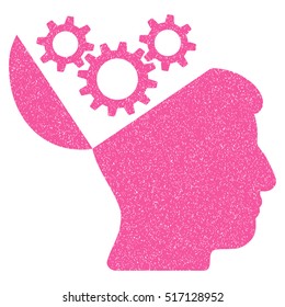 Open Mind Gears grainy textured icon for overlay watermark stamps. Flat symbol with dust texture. Dotted vector pink ink rubber seal stamp with grunge design on a white background.