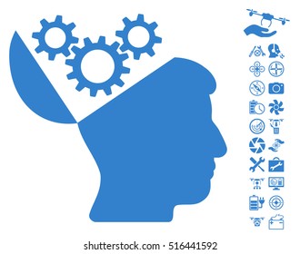 Open Mind Gears icon with bonus quadrocopter service icon set. Vector illustration style is flat iconic symbols on white background.