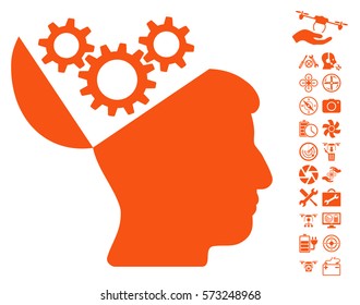 Open Mind Gears icon with bonus uav tools graphic icons. Vector illustration style is flat iconic symbols on white background.