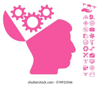 Open Mind Gears icon with bonus aircopter service pictograms. Vector illustration style is flat iconic symbols on white background.