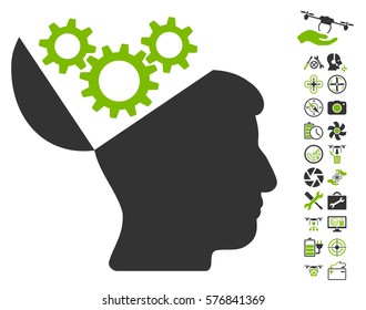 Open Mind Gears icon with bonus aircopter service graphic icons. Vector illustration style is flat iconic eco green and gray symbols on white background.