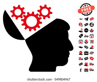 Open Mind Gears icon with free bonus icon set. Vector illustration style is flat iconic symbols, intensive red and black colors, white background.