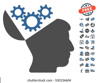 Open Mind Gears icon with free bonus pictograms. Vector illustration style is flat iconic symbols, cobalt and gray colors, white background.