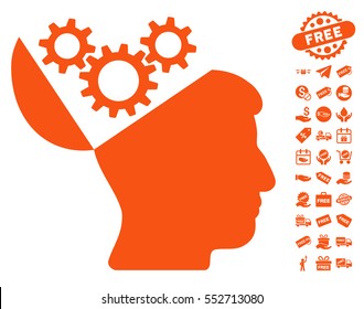 Open Mind Gears icon with free bonus images. Vector illustration style is flat iconic symbols, orange color, white background.