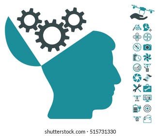Open Mind Gears pictograph with bonus quadrocopter tools graphic icons. Vector illustration style is flat iconic symbols on white background.