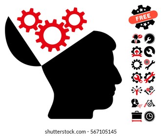 Open Mind Gears pictograph with bonus configuration pictograph collection. Vector illustration style is flat iconic intensive red and black symbols on white background.