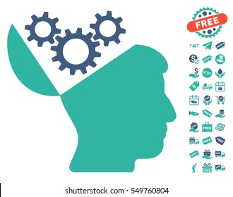 Open Mind Gears pictograph with free bonus pictograph collection. Vector illustration style is flat iconic symbols, cobalt and cyan colors, white background.