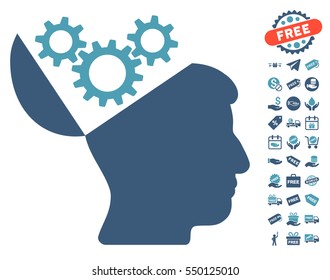 Open Mind Gears pictograph with free bonus clip art. Vector illustration style is flat iconic symbols, cyan and blue colors, white background.
