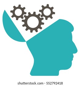 Open Mind Gears Vector Icon. Style Is Flat Graphic Bicolor Symbol, Grey And Cyan Colors, White Background.