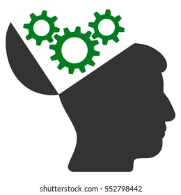 Open Mind Gears vector pictogram. Style is flat graphic bicolor symbol, green and gray colors, white background.