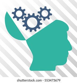 Open Mind Gears vector pictograph. Illustration style is flat iconic bicolor cobalt and cyan symbol on a hatched transparent background.