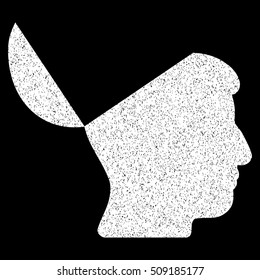Open Mind grainy textured icon for overlay watermark stamps. Flat symbol with unclean texture. Dotted vector white ink rubber seal stamp with grunge design on a black background.