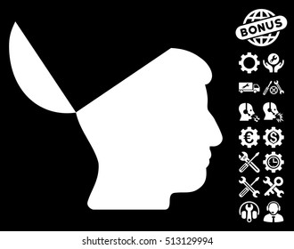 Open Mind icon with bonus configuration symbols. Vector illustration style is flat iconic white symbols on black background.
