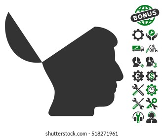 Open Mind icon with bonus configuration pictures. Vector illustration style is flat iconic green and gray symbols on white background.