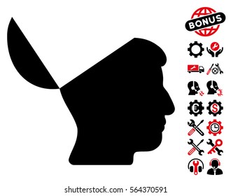 Open Mind icon with bonus configuration symbols. Vector illustration style is flat iconic intensive red and black symbols on white background.