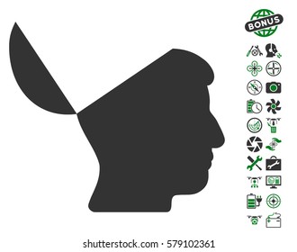 Open Mind icon with bonus quad copter tools symbols. Vector illustration style is flat iconic green and gray symbols on white background.
