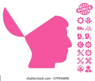 Open Mind icon with bonus settings graphic icons. Vector illustration style is flat iconic pink symbols on white background.