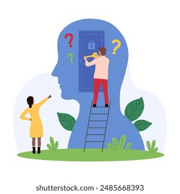 Open mind and imagination, mental health, psychotherapy. Tiny people holding key to door lock inside human head, access to inner space of individuality, personality history cartoon vector illustration
