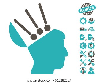 Open Mind Interface pictograph with bonus service symbols. Vector illustration style is flat iconic grey and cyan symbols on white background.