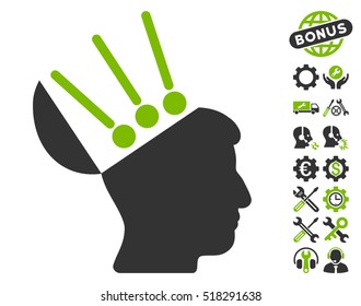 Open Mind Interface pictograph with bonus service pictures. Vector illustration style is flat iconic eco green and gray symbols on white background.