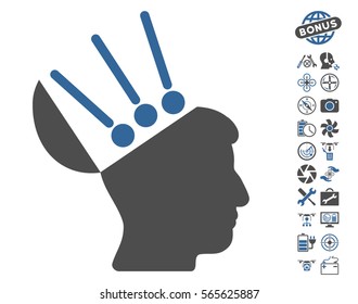 Open Mind Interface pictograph with bonus nanocopter tools clip art. Vector illustration style is flat iconic cobalt and gray symbols on white background.