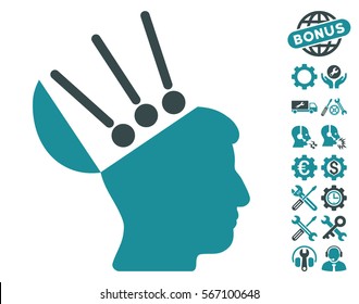 Open Mind Interface pictograph with bonus setup tools pictures. Vector illustration style is flat iconic soft blue symbols on white background.