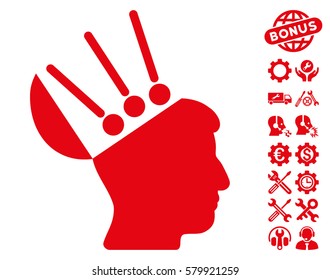 Open Mind Interface pictograph with bonus service icon set. Vector illustration style is flat iconic red symbols on white background.