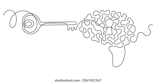 Open mind. Key and keyhole in brain. Psychology.  Continuous line drawing.