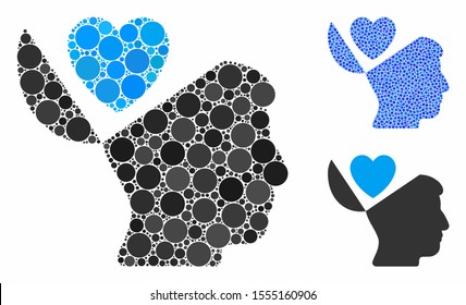 Open mind love heart composition of circle elements in various sizes and color tints, based on open mind love heart icon. Vector round elements are composed into blue composition.
