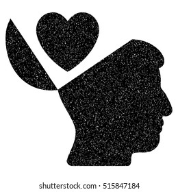 Open Mind Love Heart grainy textured icon for overlay watermark stamps. Flat symbol with unclean texture. Dotted vector black ink rubber seal stamp with grunge design on a white background.