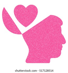 Open Mind Love Heart grainy textured icon for overlay watermark stamps. Flat symbol with dust texture. Dotted vector pink ink rubber seal stamp with grunge design on a white background.